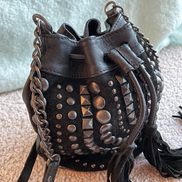 Ecote Leather Black Studded Crossbody Bucket Bag Purse Suede Bohemian Rock Indie - Picture 4 of 15